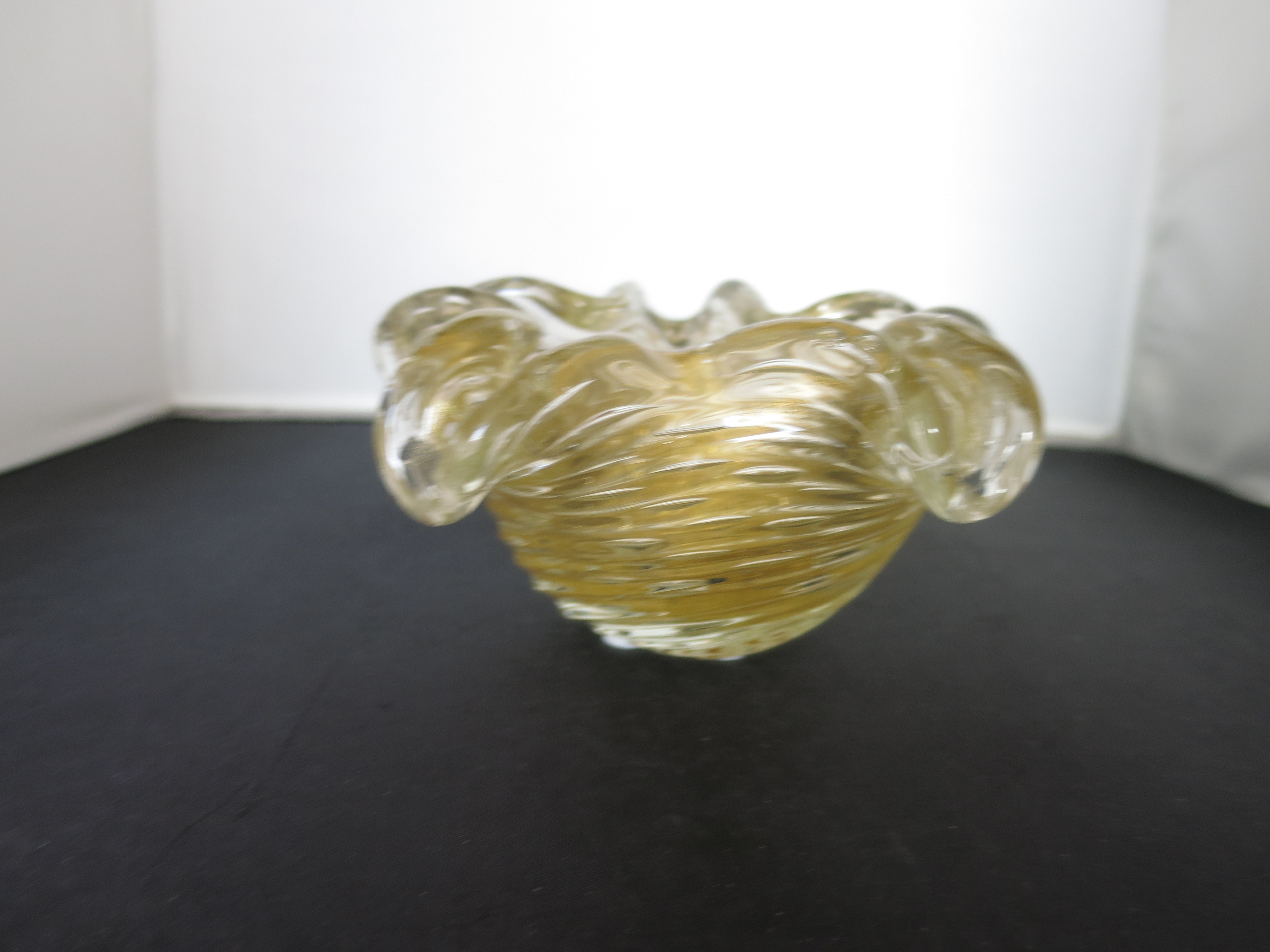 Murano Art Glass Swirl Ribbed Gold Fleck Bowl Yellow Clear