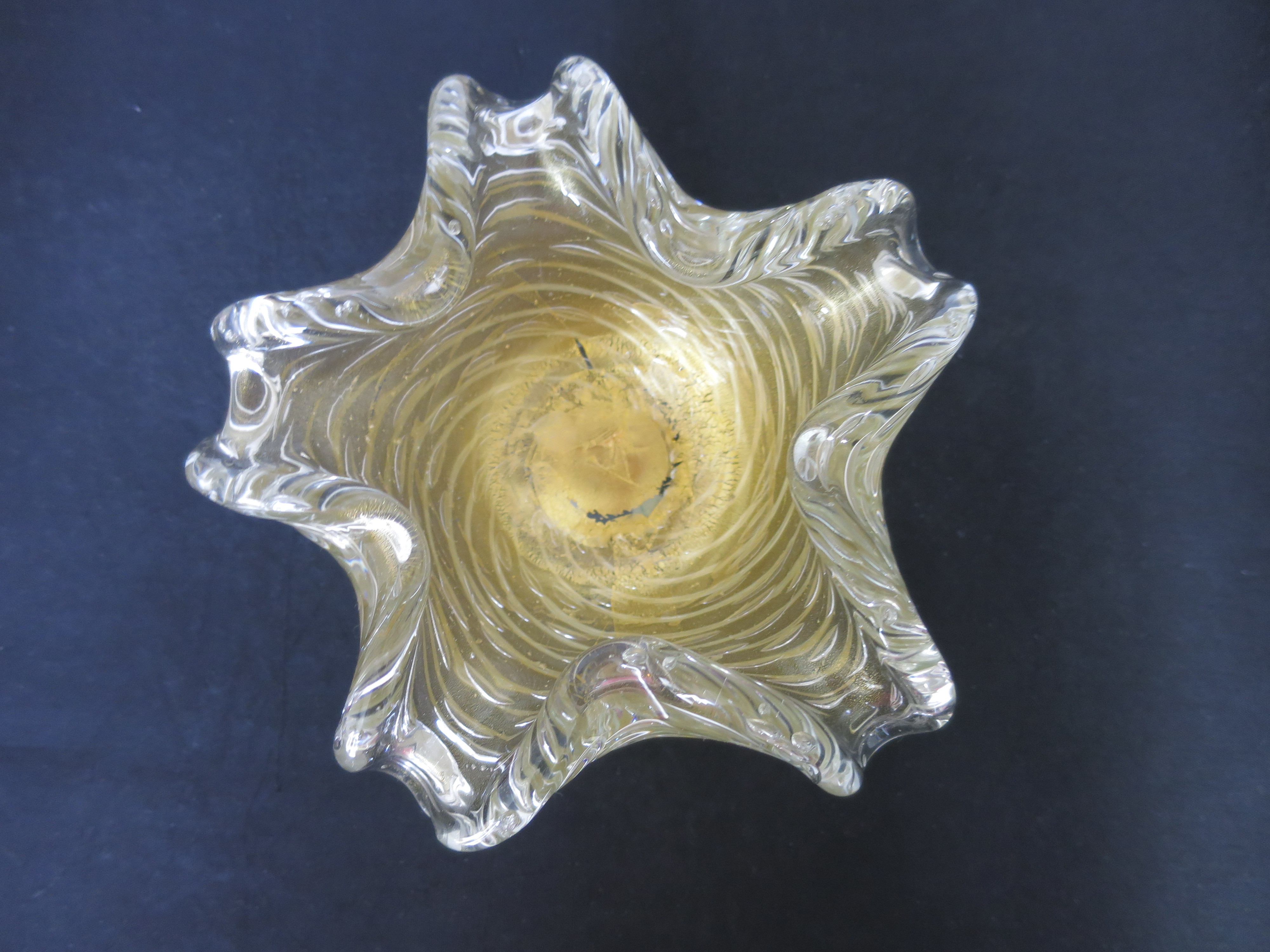 Murano Art Glass Swirl Ribbed Gold Fleck Bowl Yellow Clear