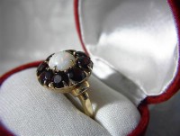 14K Gold Garnets Opal Flower 1950s Ring