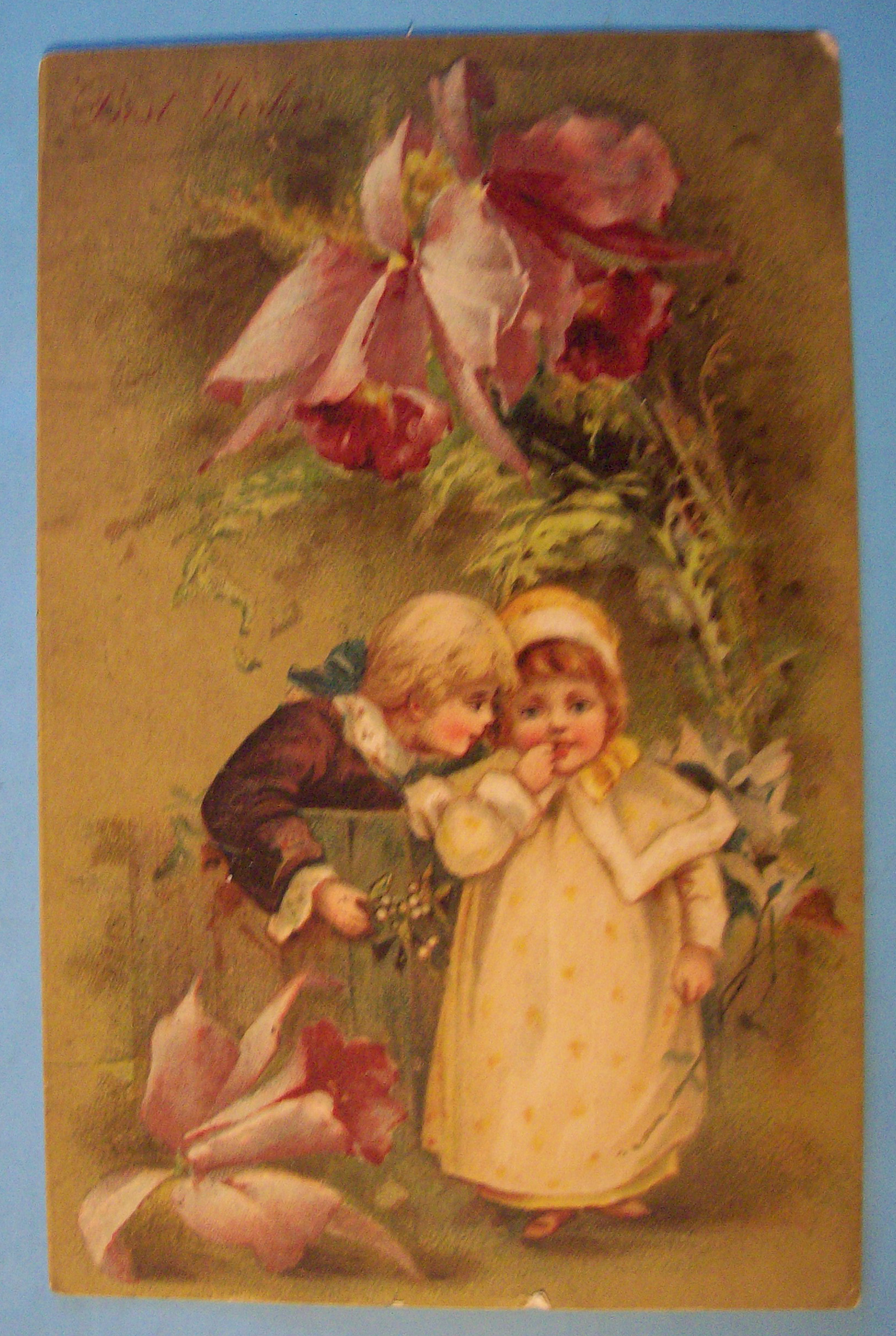 Best Wishes Postcard w/2 Children Under Flower