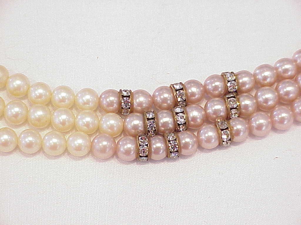 Vintage 3 Strand Pink Cream Pearl Necklace With Rhinestone Rondelles