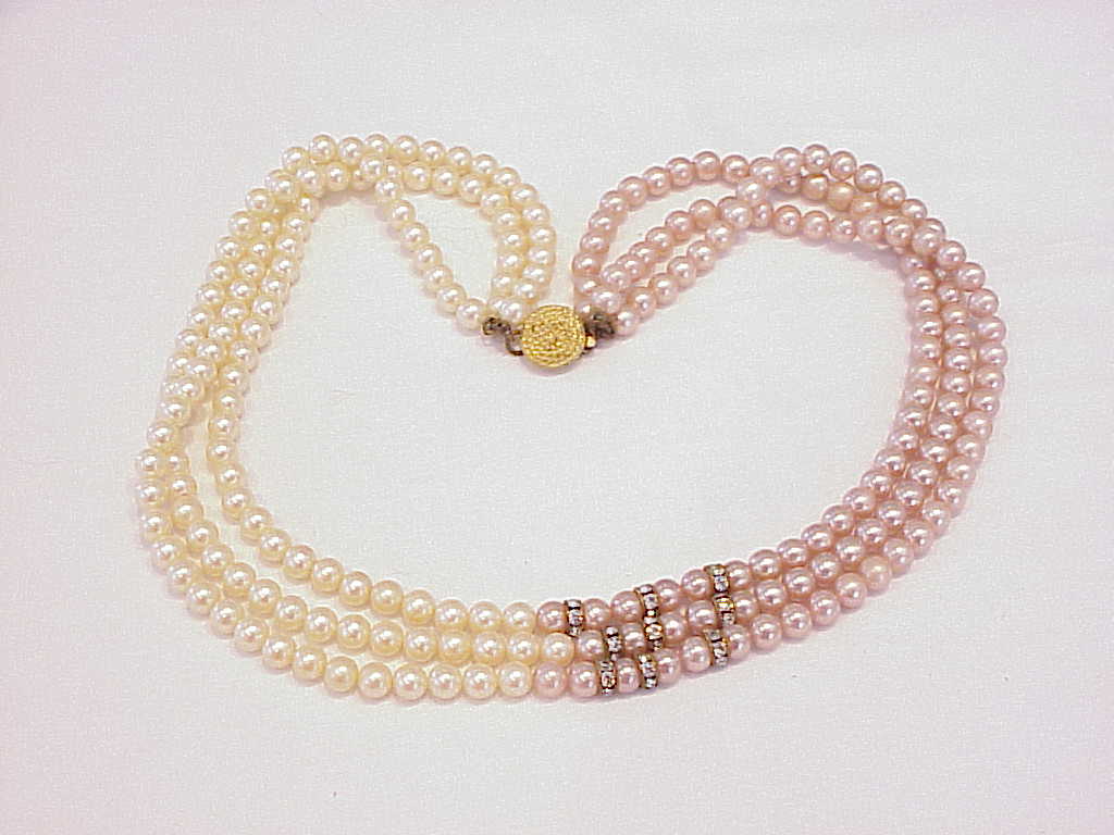 Vintage 3 Strand Pink Cream Pearl Necklace With Rhinestone Rondelles