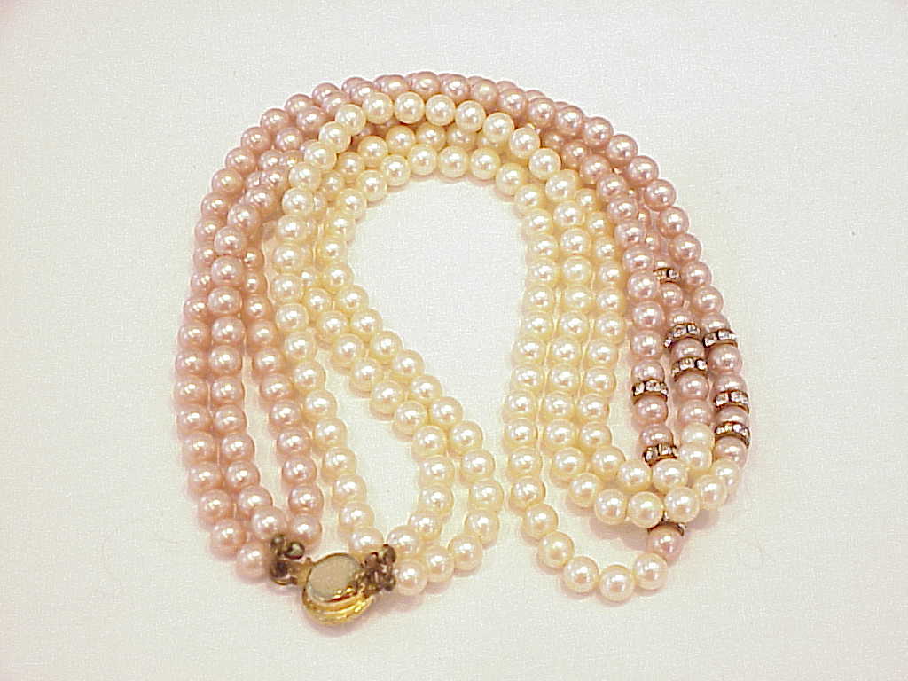 Vintage 3 Strand Pink Cream Pearl Necklace With Rhinestone Rondelles