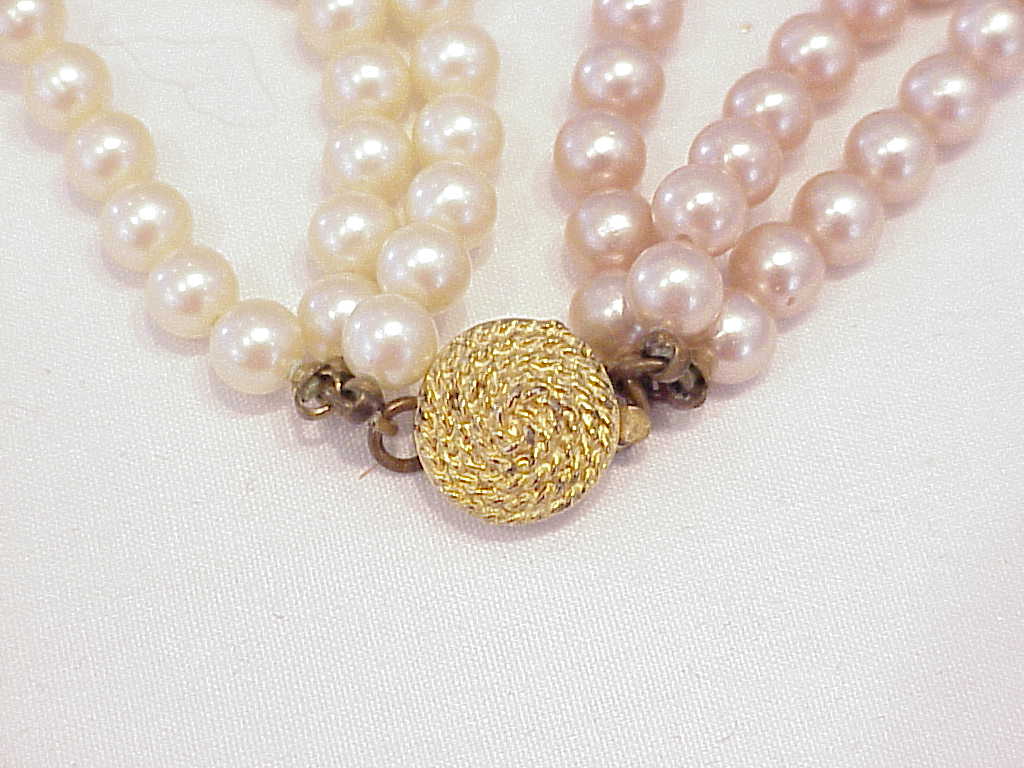 Vintage 3 Strand Pink Cream Pearl Necklace With Rhinestone Rondelles