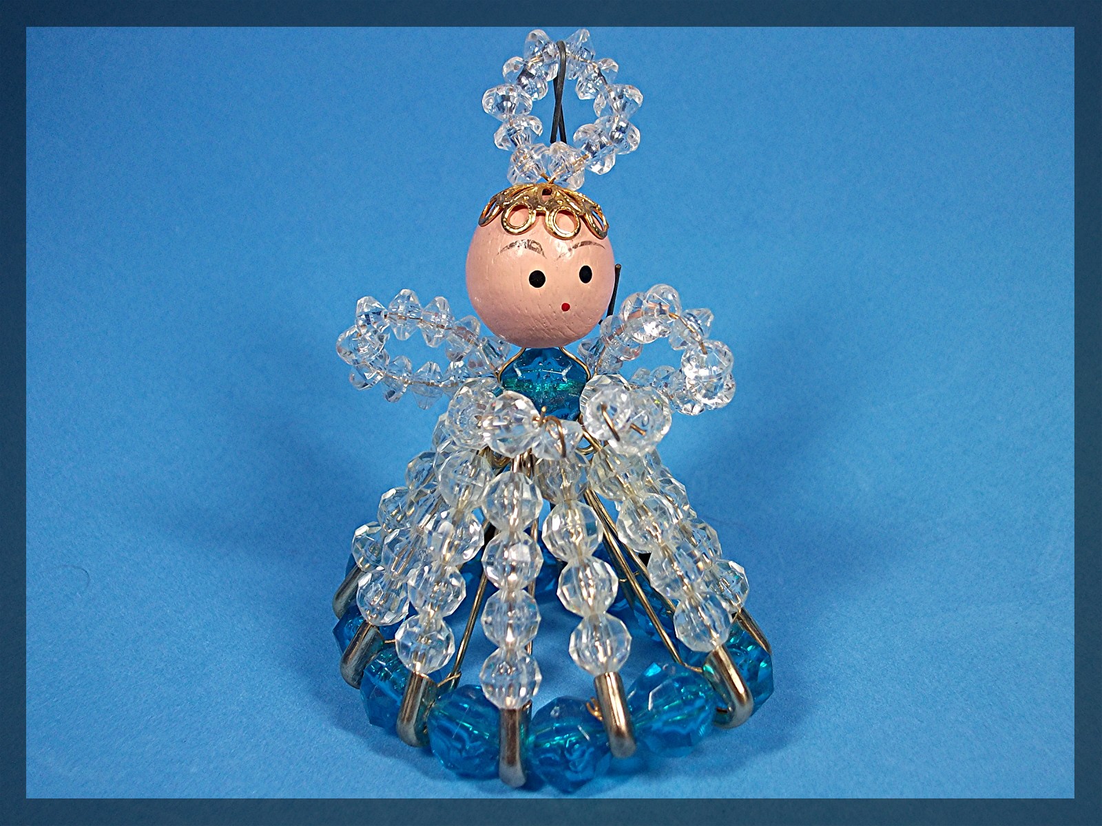 Angel ornament - hand made - with crystal, blue plastic