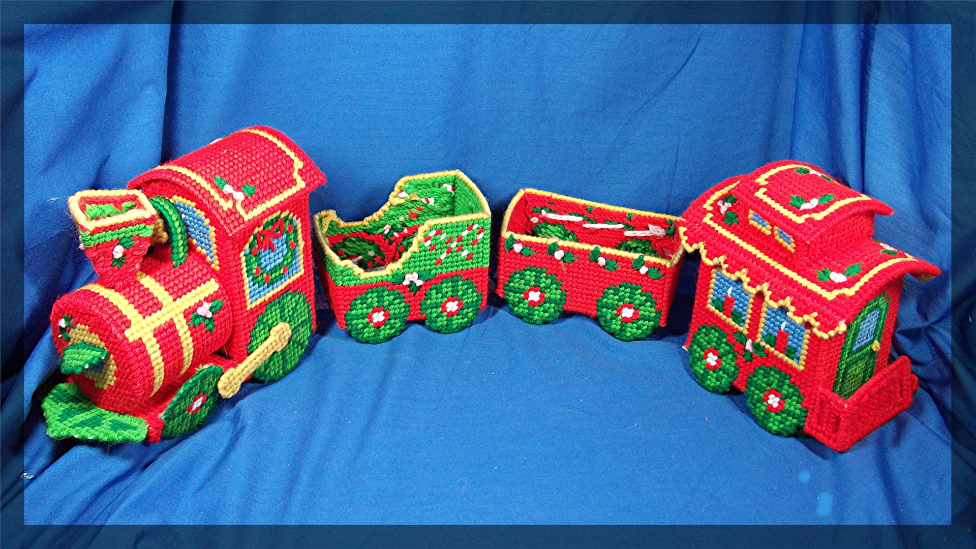 Christmas Train set, cross stitched