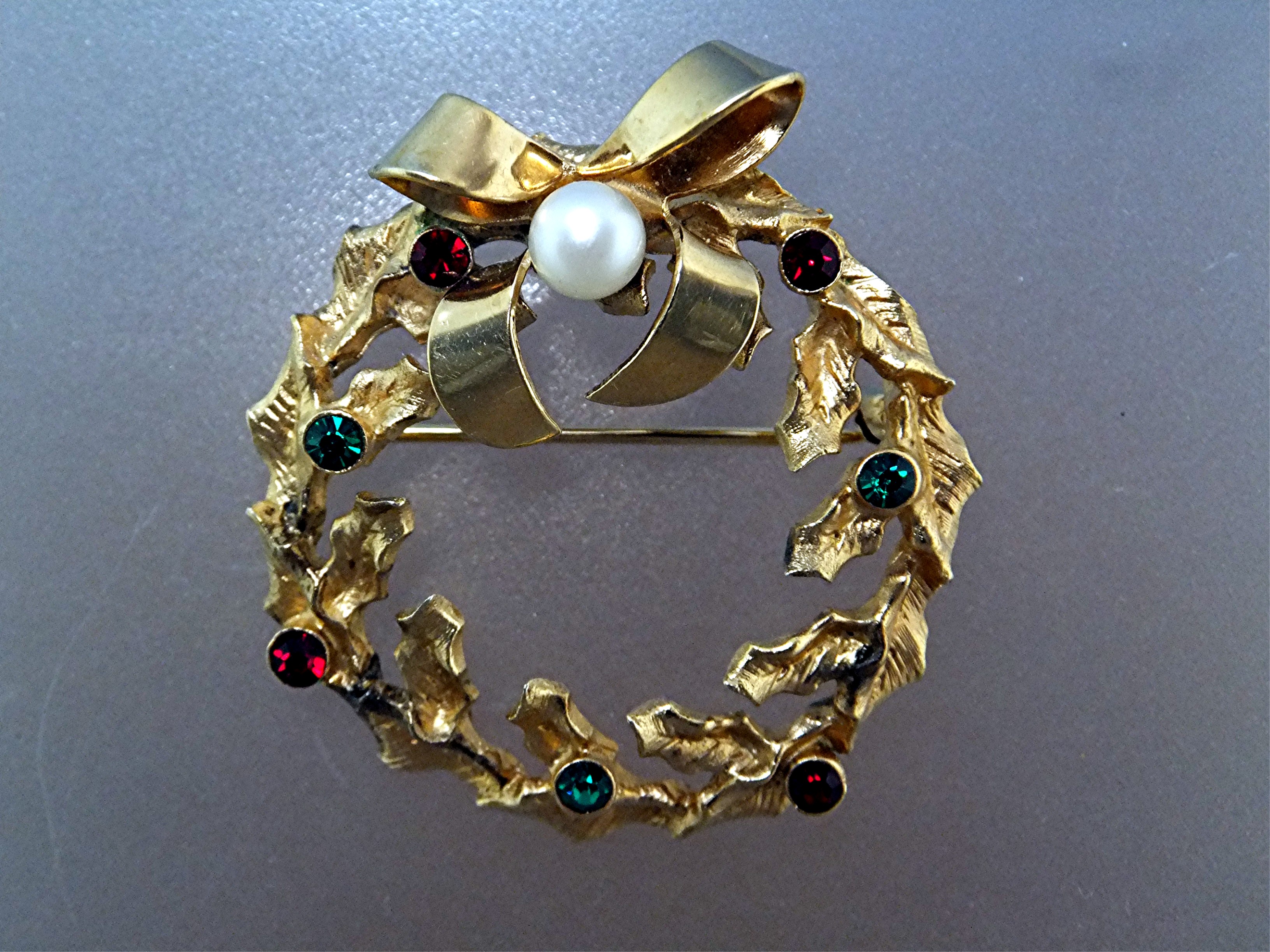 Sterling/Gold Vermeil Pearl Christmas Brooch