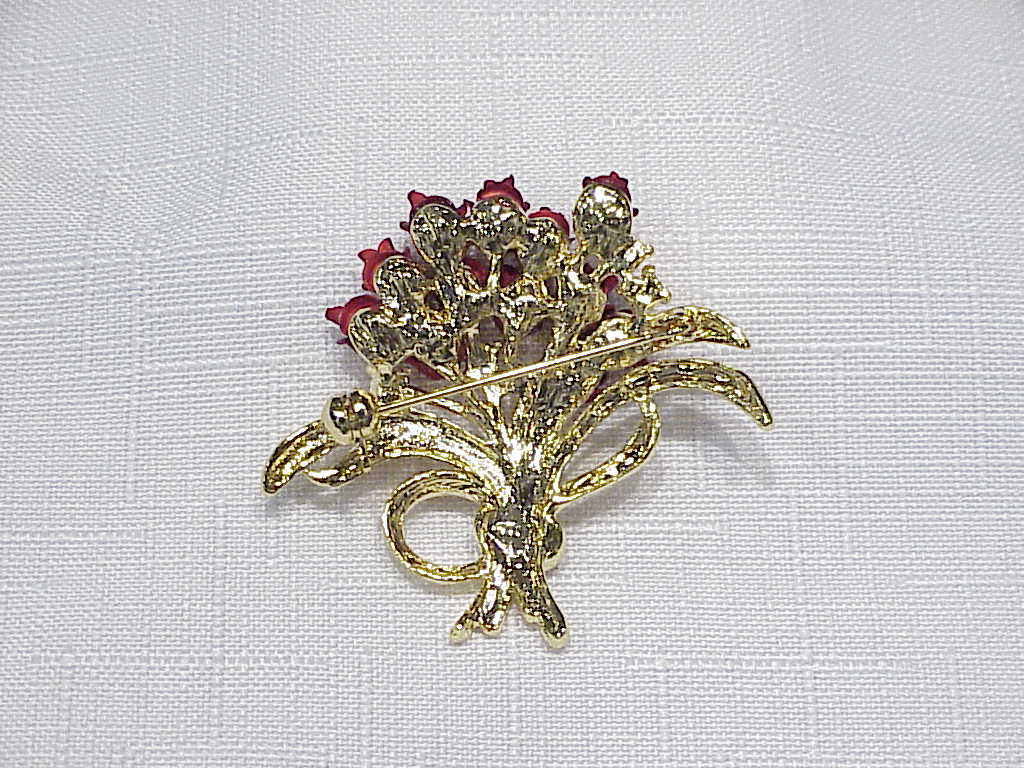 Dark Red Enamel And Rhinestone Rose Bouquet Brooch