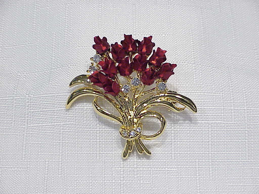Dark Red Enamel And Rhinestone Rose Bouquet Brooch
