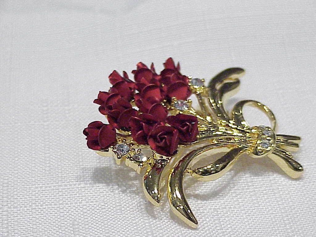 Dark Red Enamel And Rhinestone Rose Bouquet Brooch
