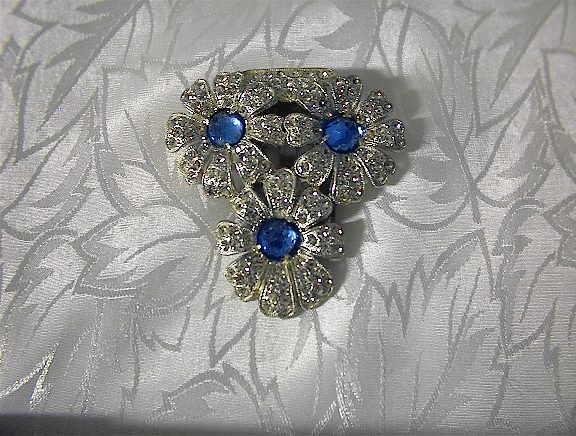 Dress Clip Sapphire & White Rhinestone Flowers