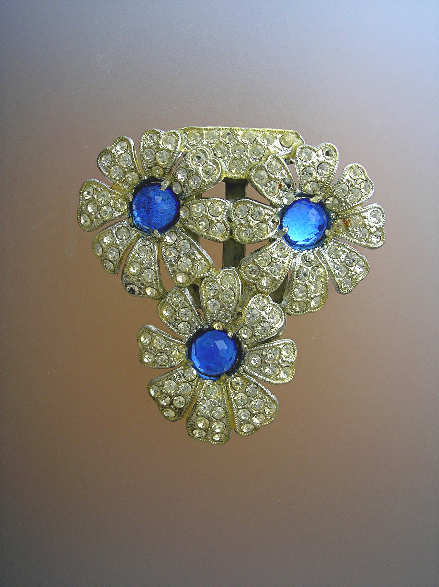 Dress Clip Sapphire & White Rhinestone Flowers