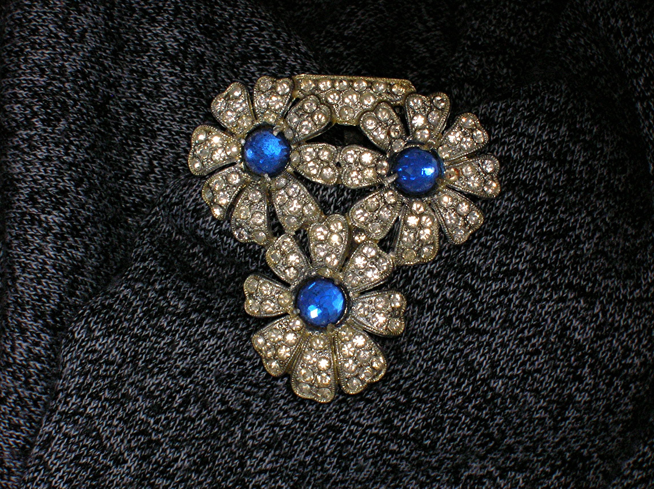 Dress Clip Sapphire & White Rhinestone Flowers