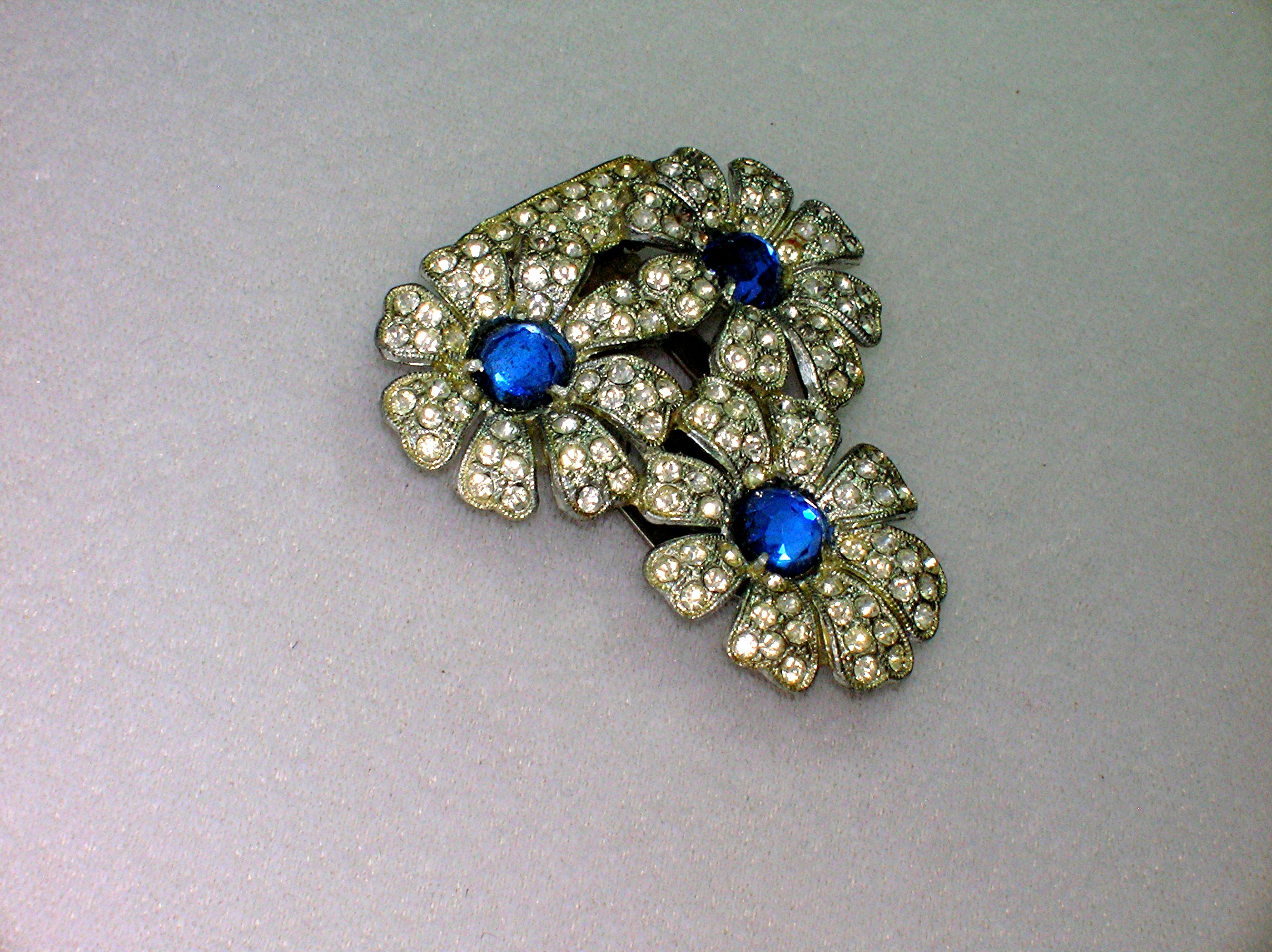 Dress Clip Sapphire & White Rhinestone Flowers