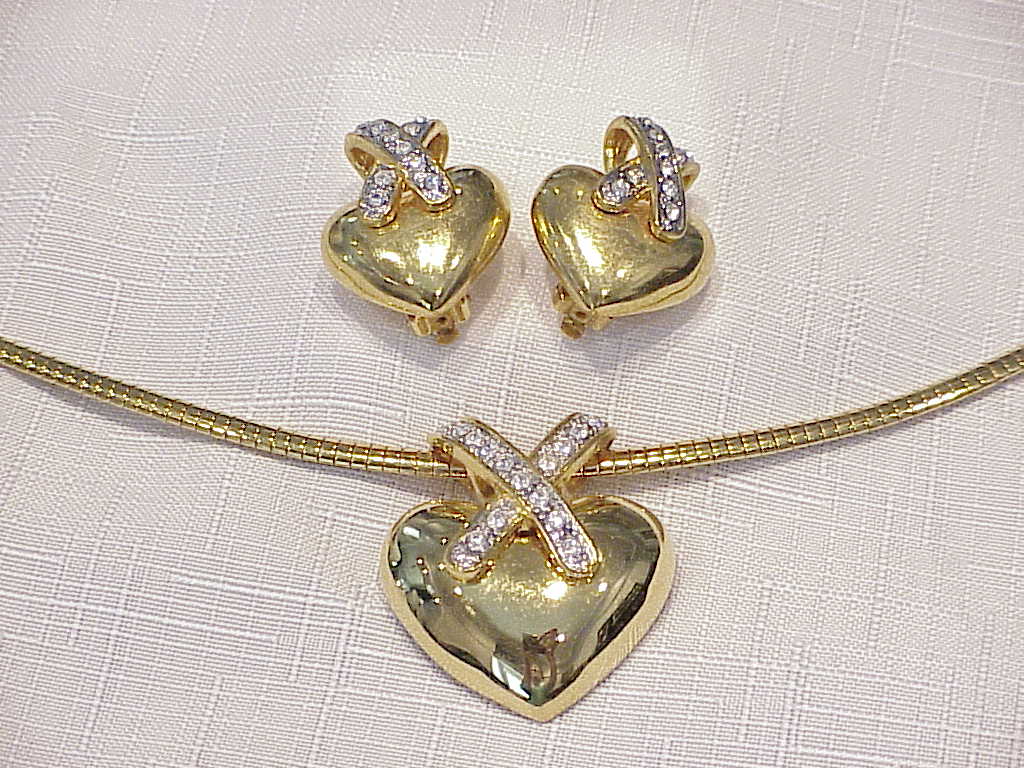 Gold Tone Omega Choker With Rhinestone Slide And Clip Earrings