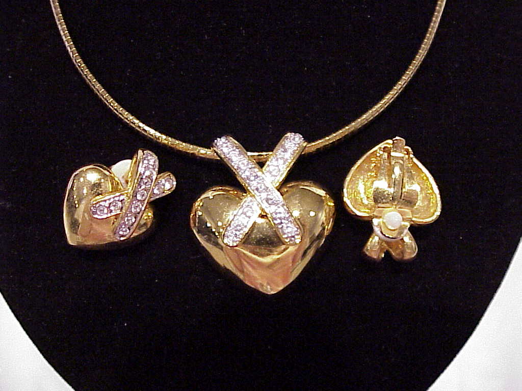 Gold Tone Omega Choker With Rhinestone Slide And Clip Earrings