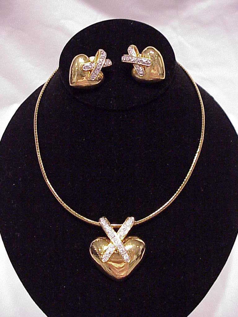 Gold Tone Omega Choker With Rhinestone Slide And Clip Earrings