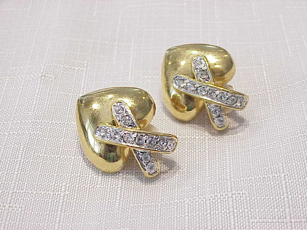 Gold Tone Omega Choker With Rhinestone Slide And Clip Earrings