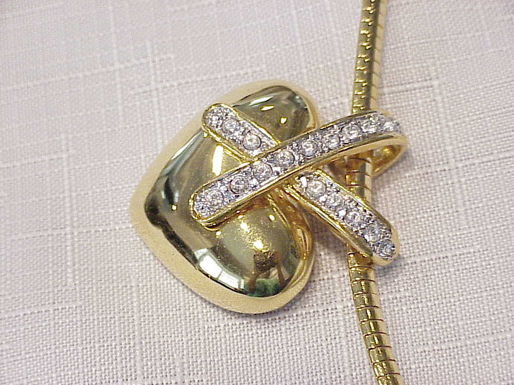 Gold Tone Omega Choker With Rhinestone Slide And Clip Earrings