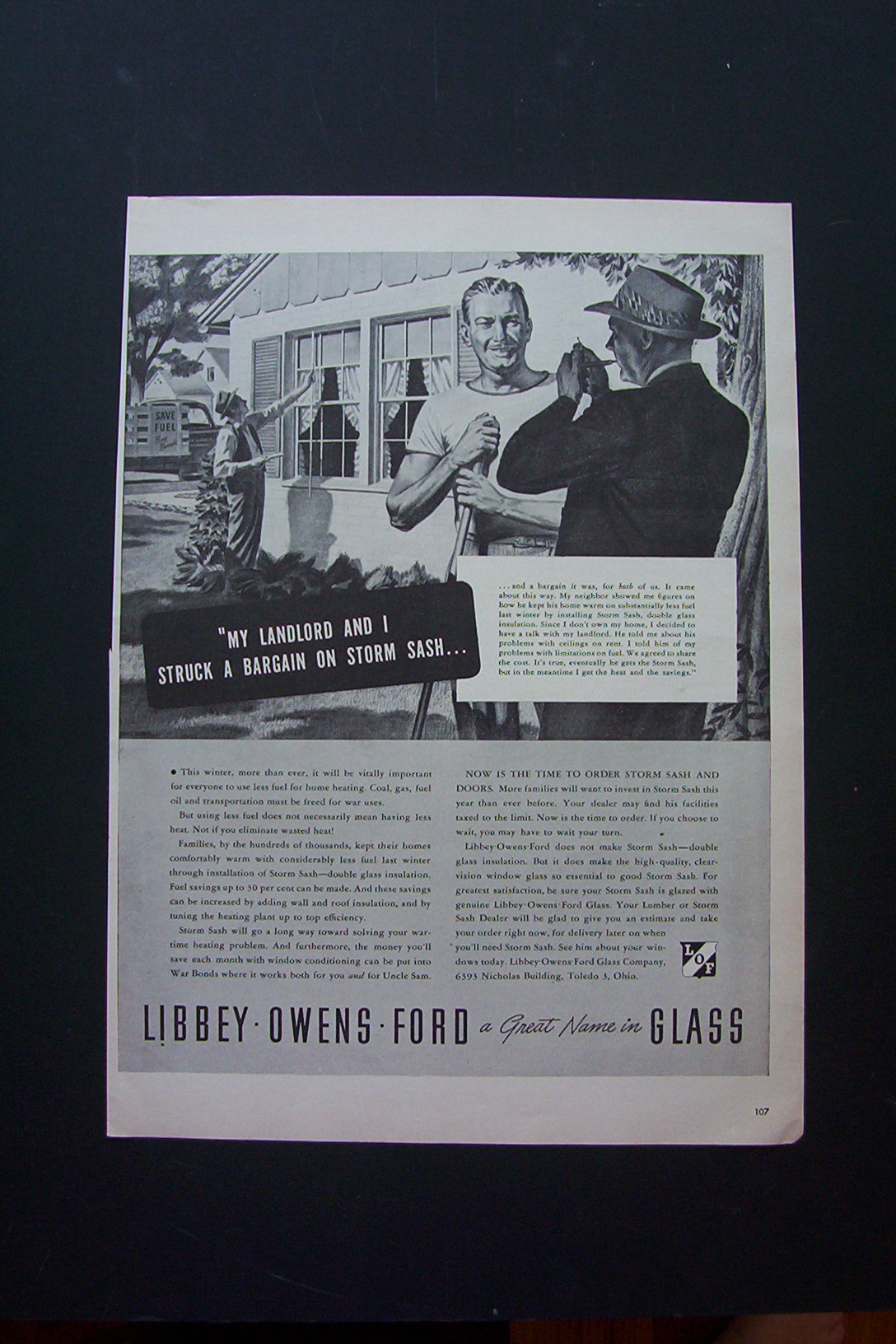 1943 Libbey Owens Ford Glass w/Man Talking to Neighbor
