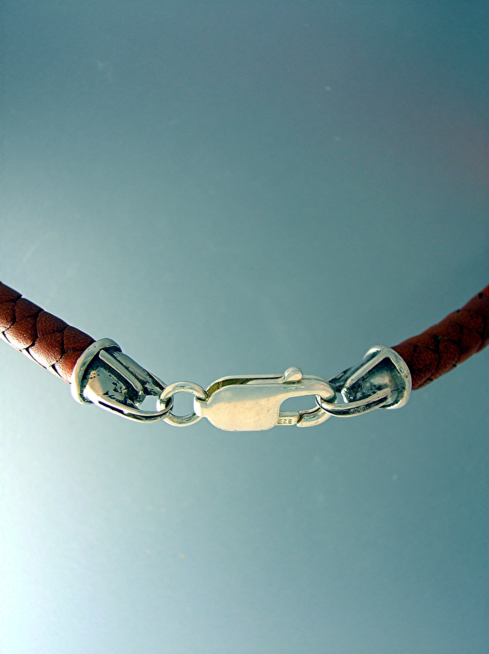 Sterling Silver  Woven Leather Necklace Golden Tan