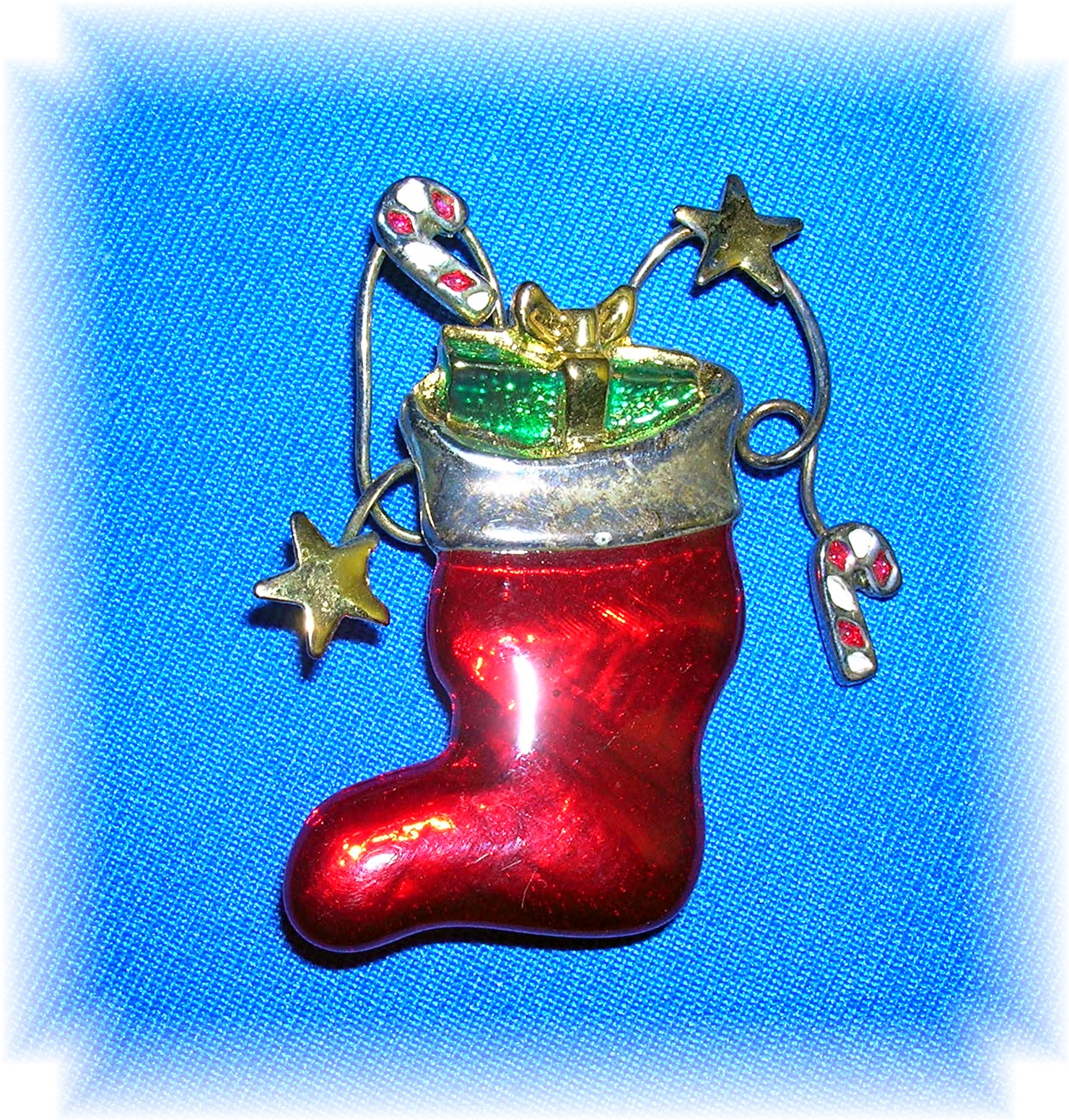 Red Enamel Christmas Stocking and Presents Brooch