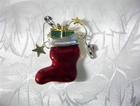 Red Enamel Christmas Stocking and Presents Brooch