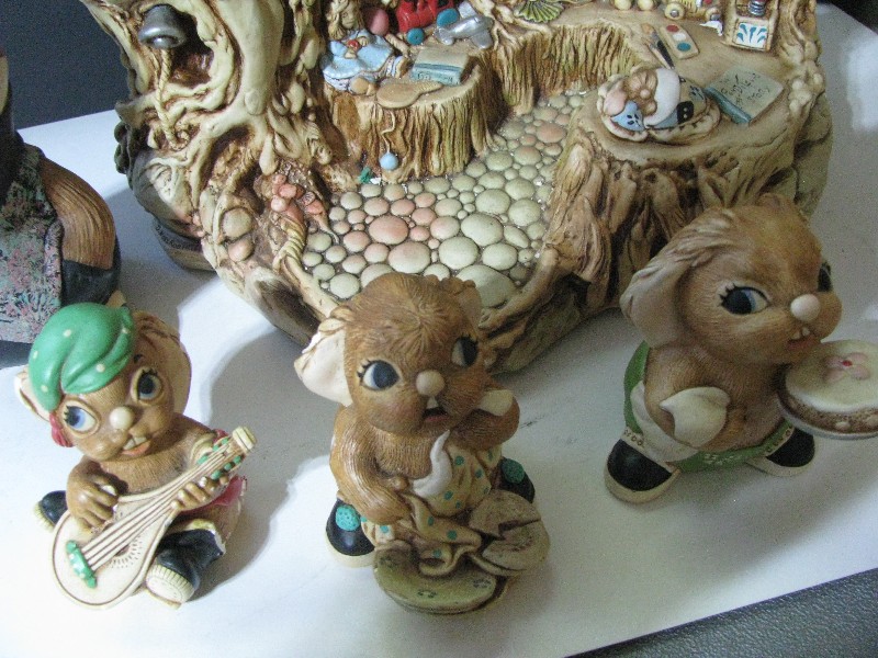 Vintage Hand-Painted Ceramic Rabbit and Toy Shop Figurine Set - 5 Pieces