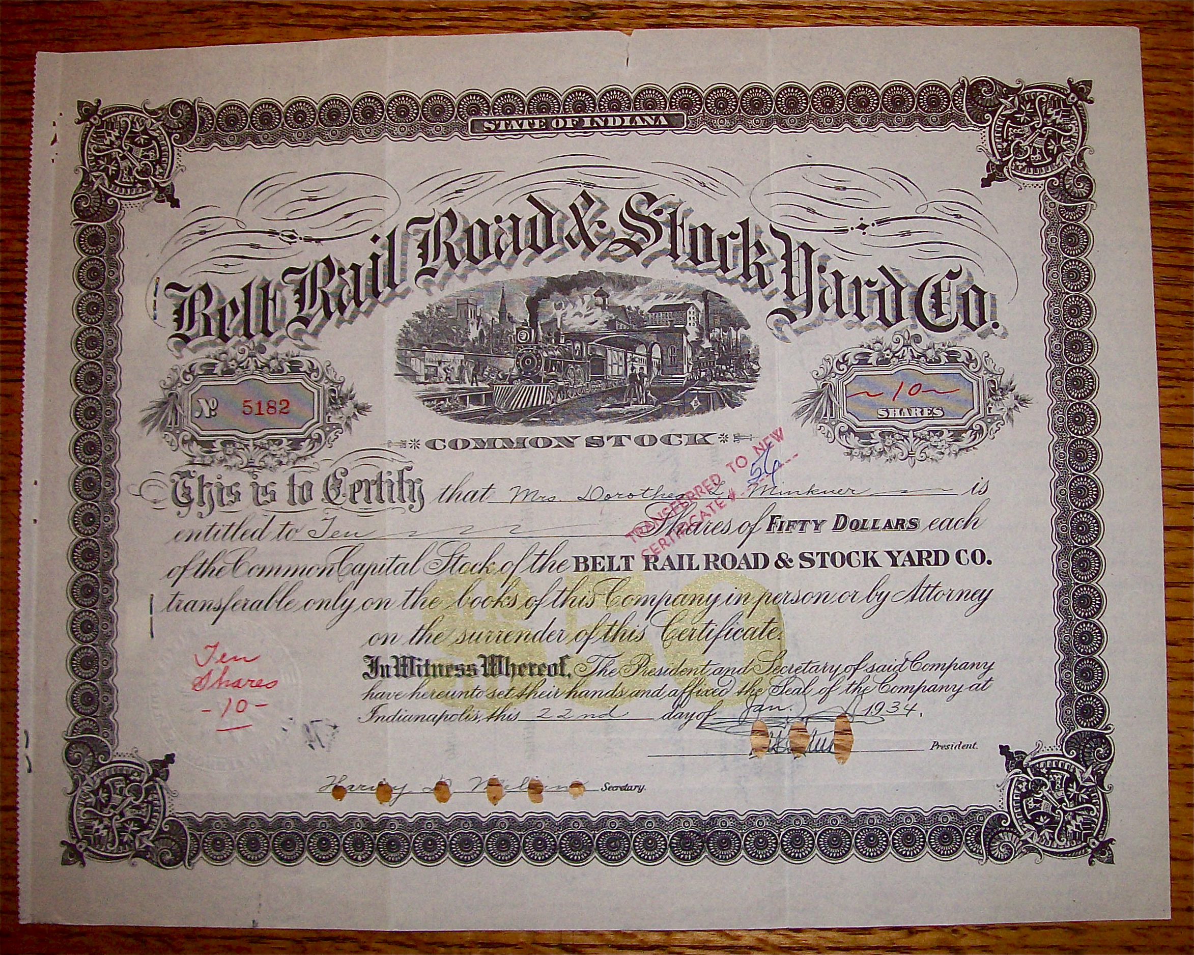 1934 Belt Railroad & Stock Yard Co Stock Certificate