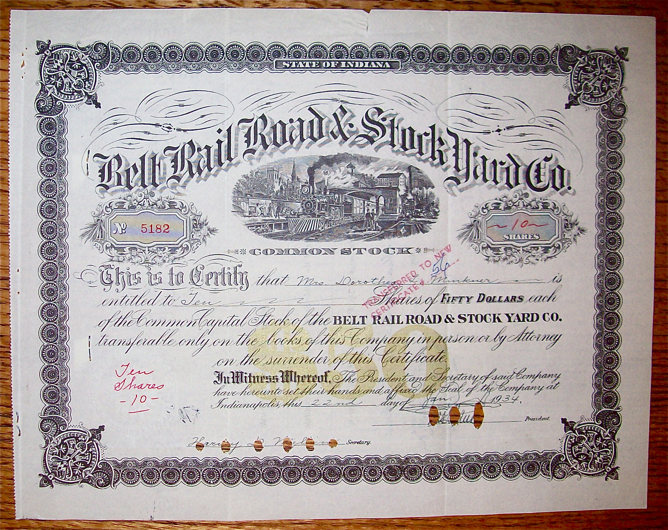 1934 Belt Railroad & Stock Yard Co Stock Certificate