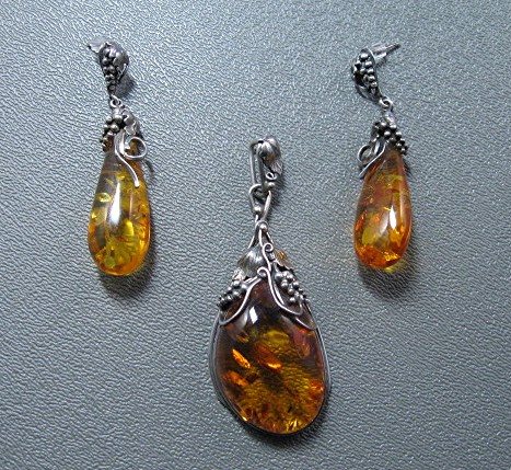 Baltic Amber Sterling Silver Pendant and Earrings