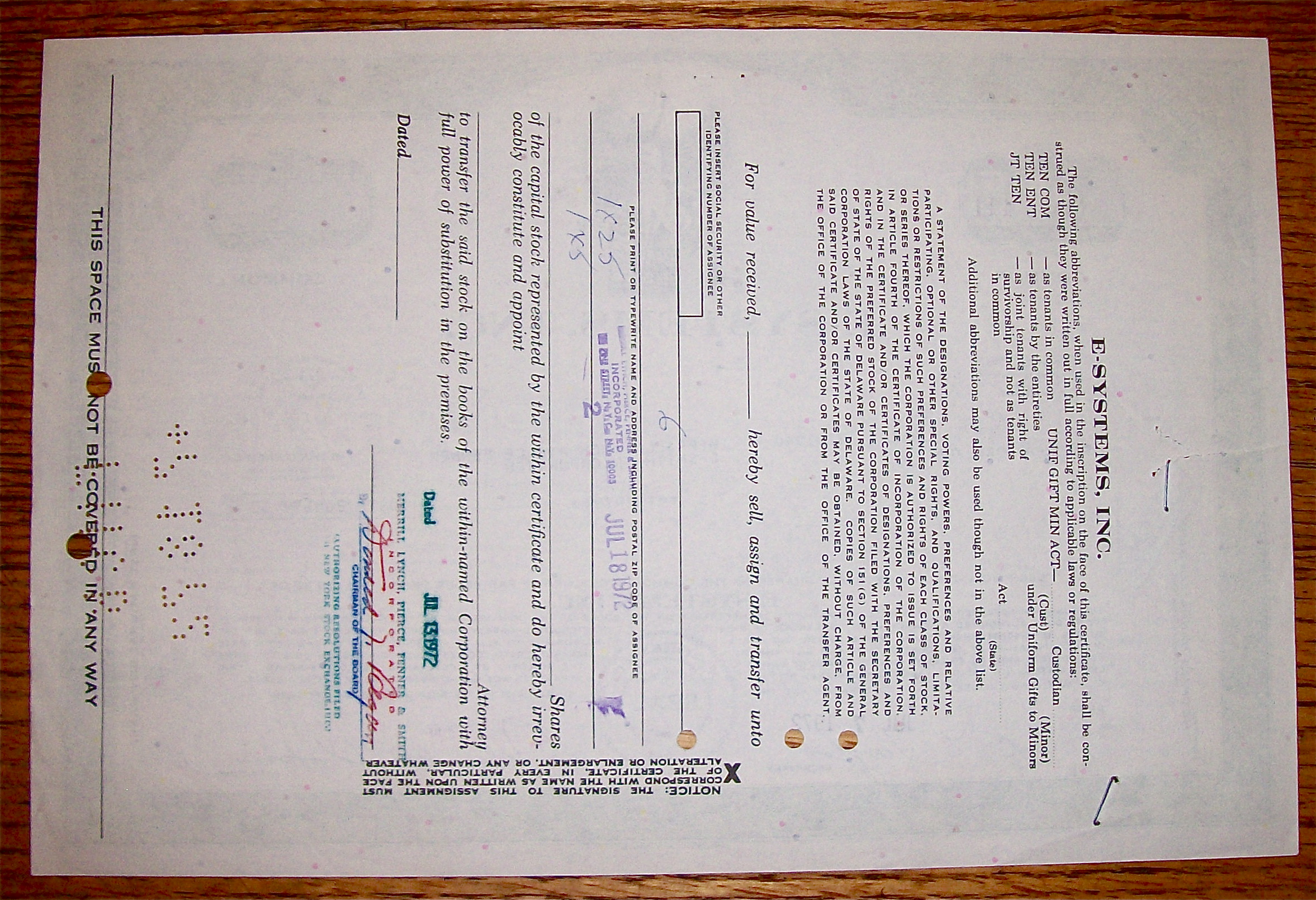 1972 E-Systems Inc. Stock Certificate