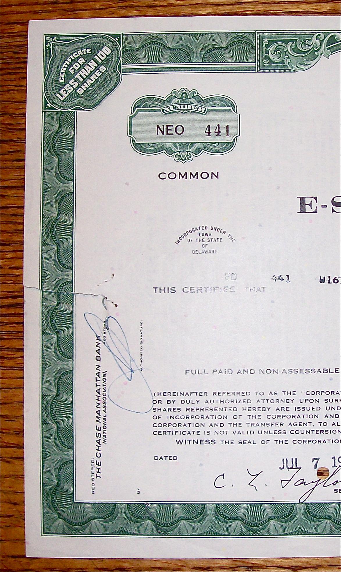 1972 E-Systems Inc. Stock Certificate