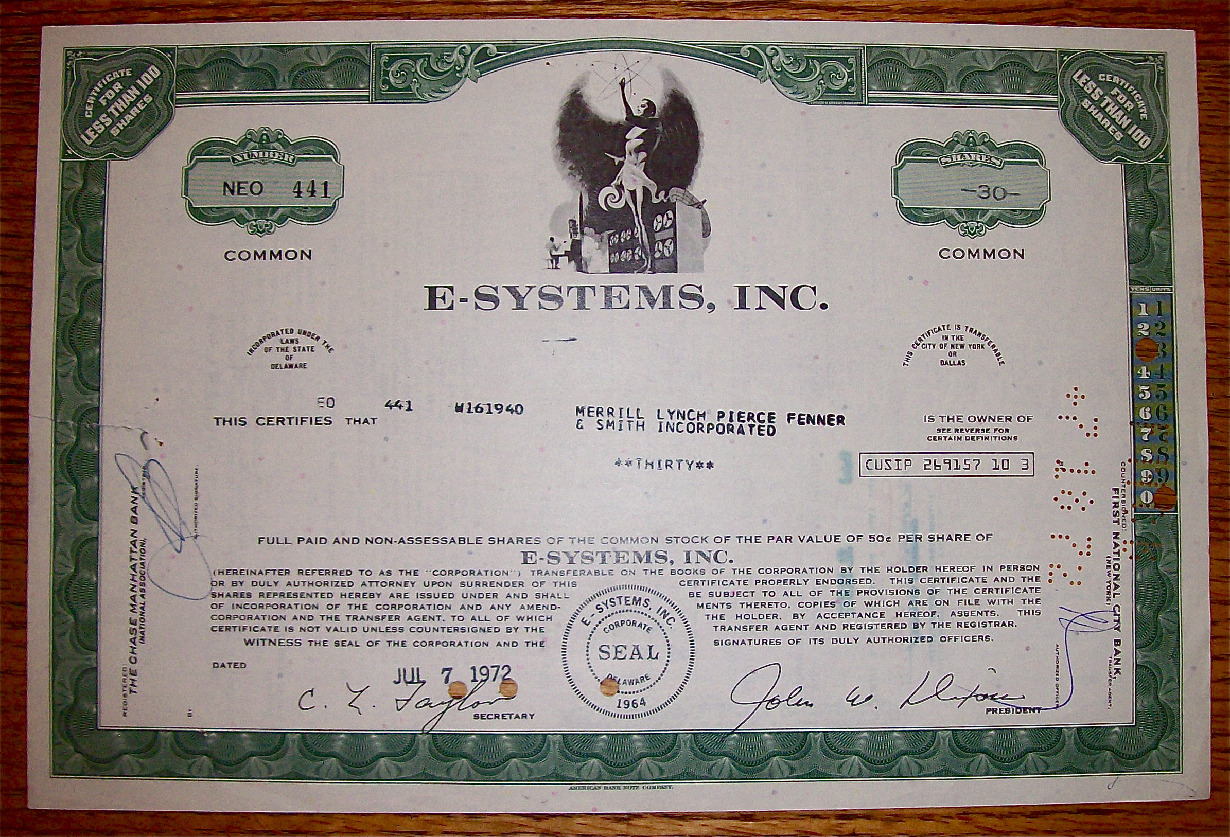 1972 E-Systems Inc. Stock Certificate