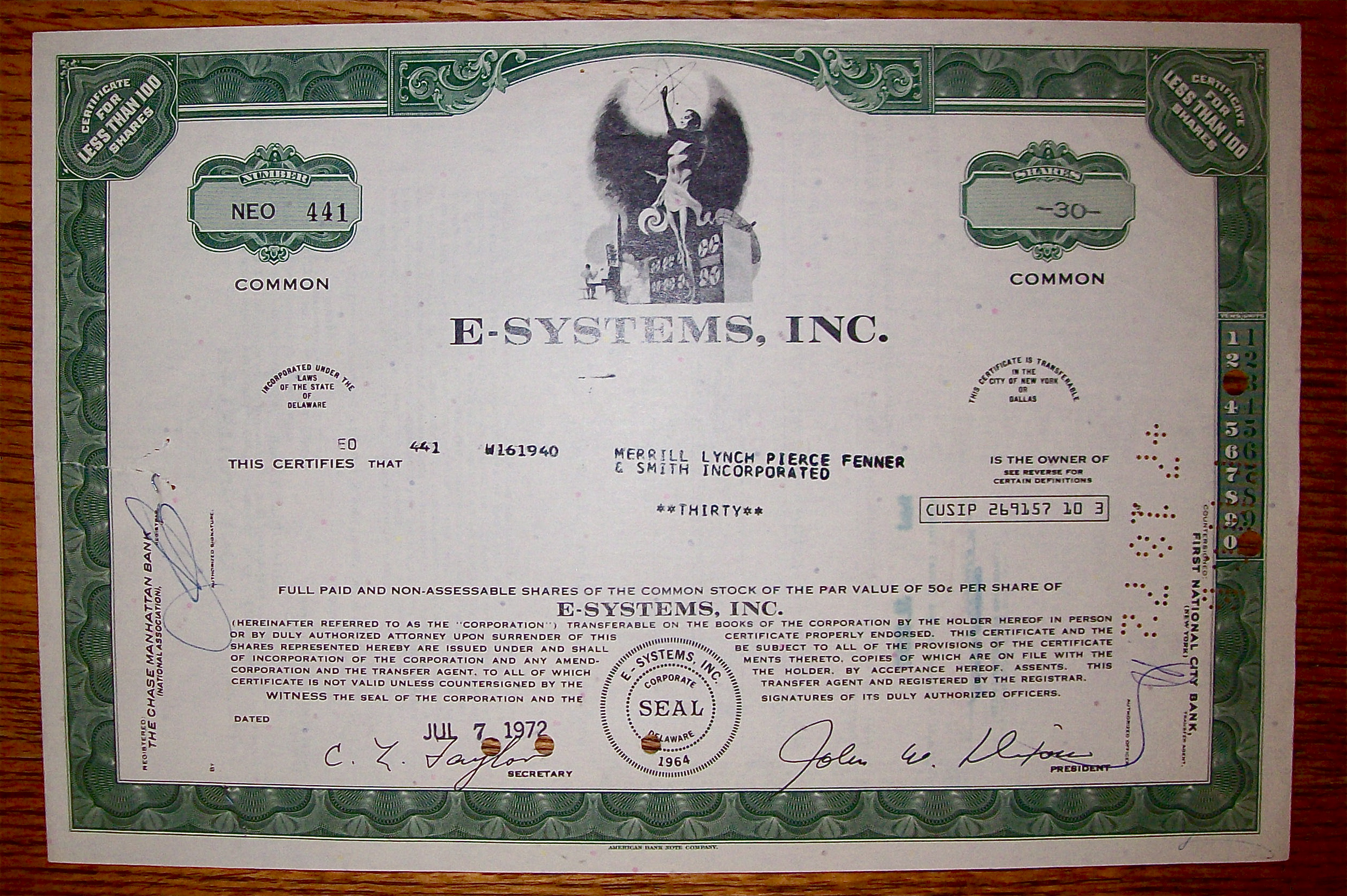 1972 E-Systems Inc. Stock Certificate