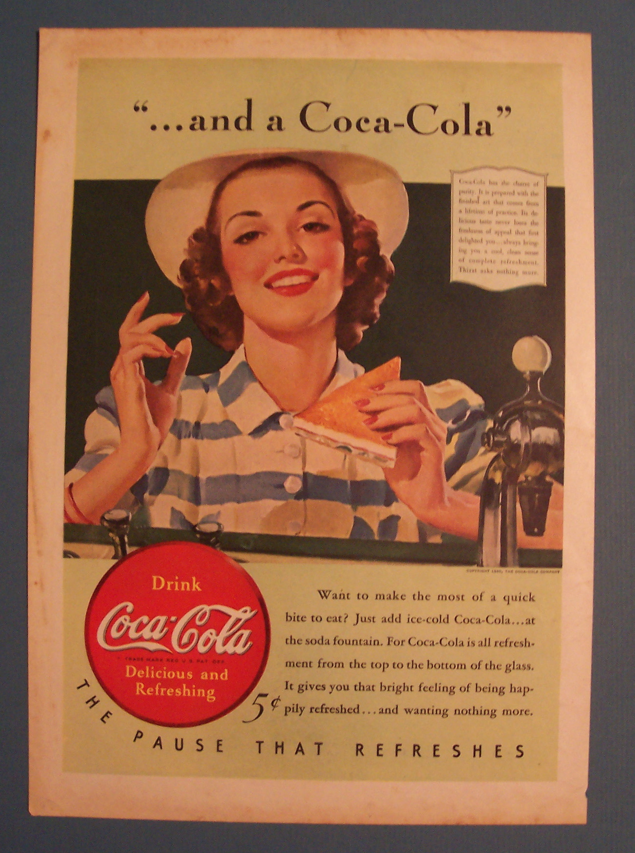 1940 Coca-Cola (Coke) with Woman Holding Sandwich