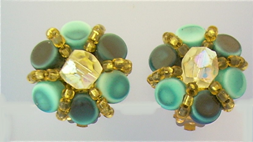 Blue Glass Goldtone Set Clip Earrings JAPAN