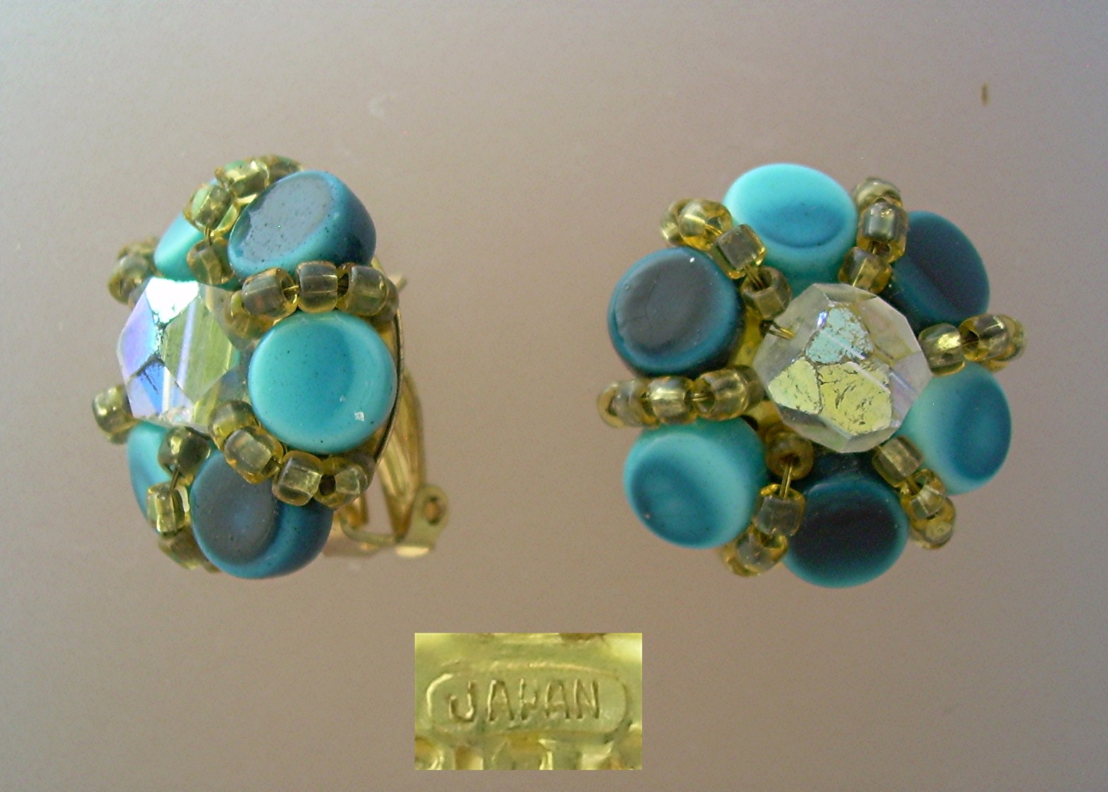 Blue Glass Goldtone Set Clip Earrings JAPAN
