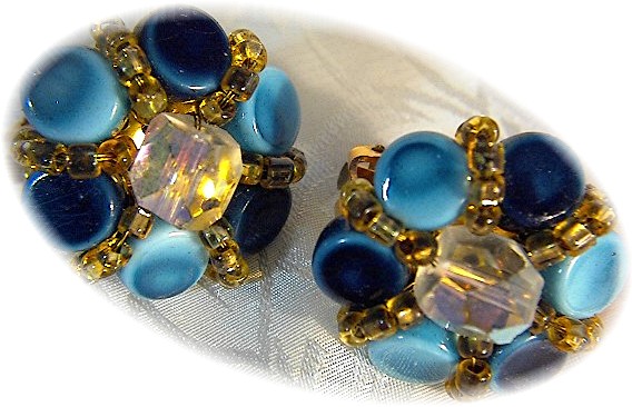 Blue Glass Goldtone Set Clip Earrings JAPAN