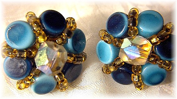 Blue Glass Goldtone Set Clip Earrings JAPAN