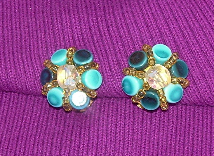 Blue Glass Goldtone Set Clip Earrings JAPAN