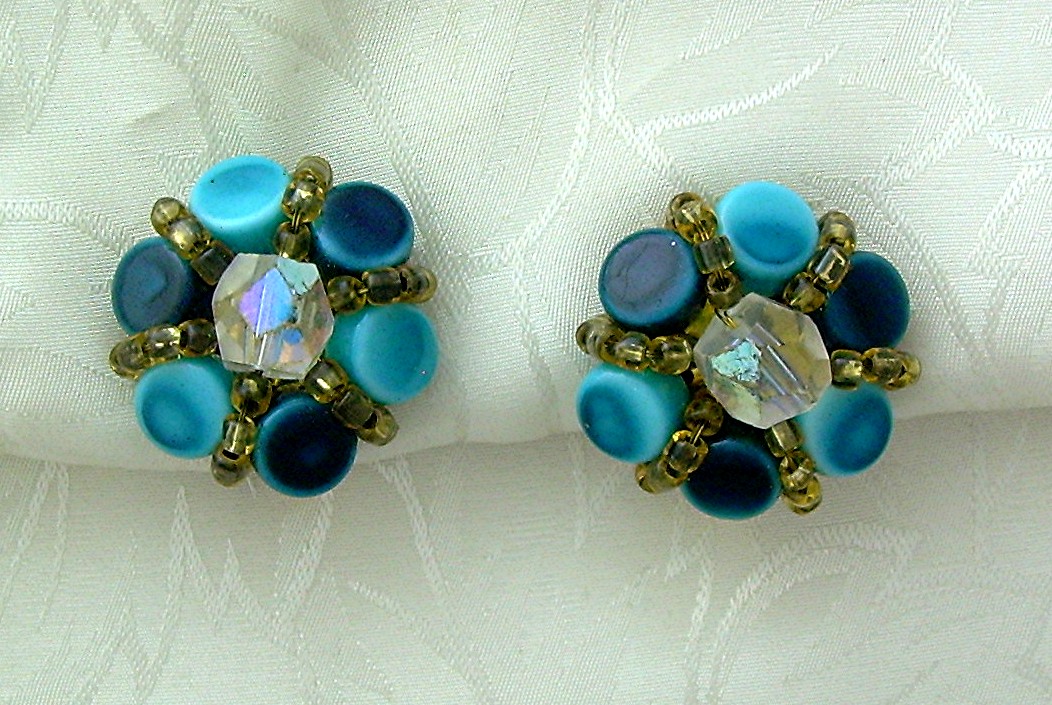 Blue Glass Goldtone Set Clip Earrings JAPAN