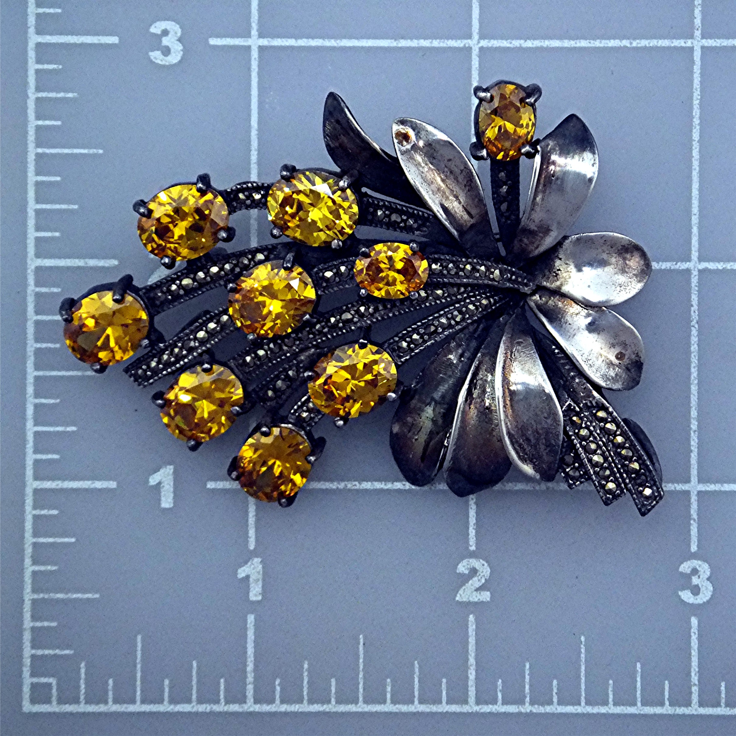 Old Golden Citrine Marquisite And Silver Pin