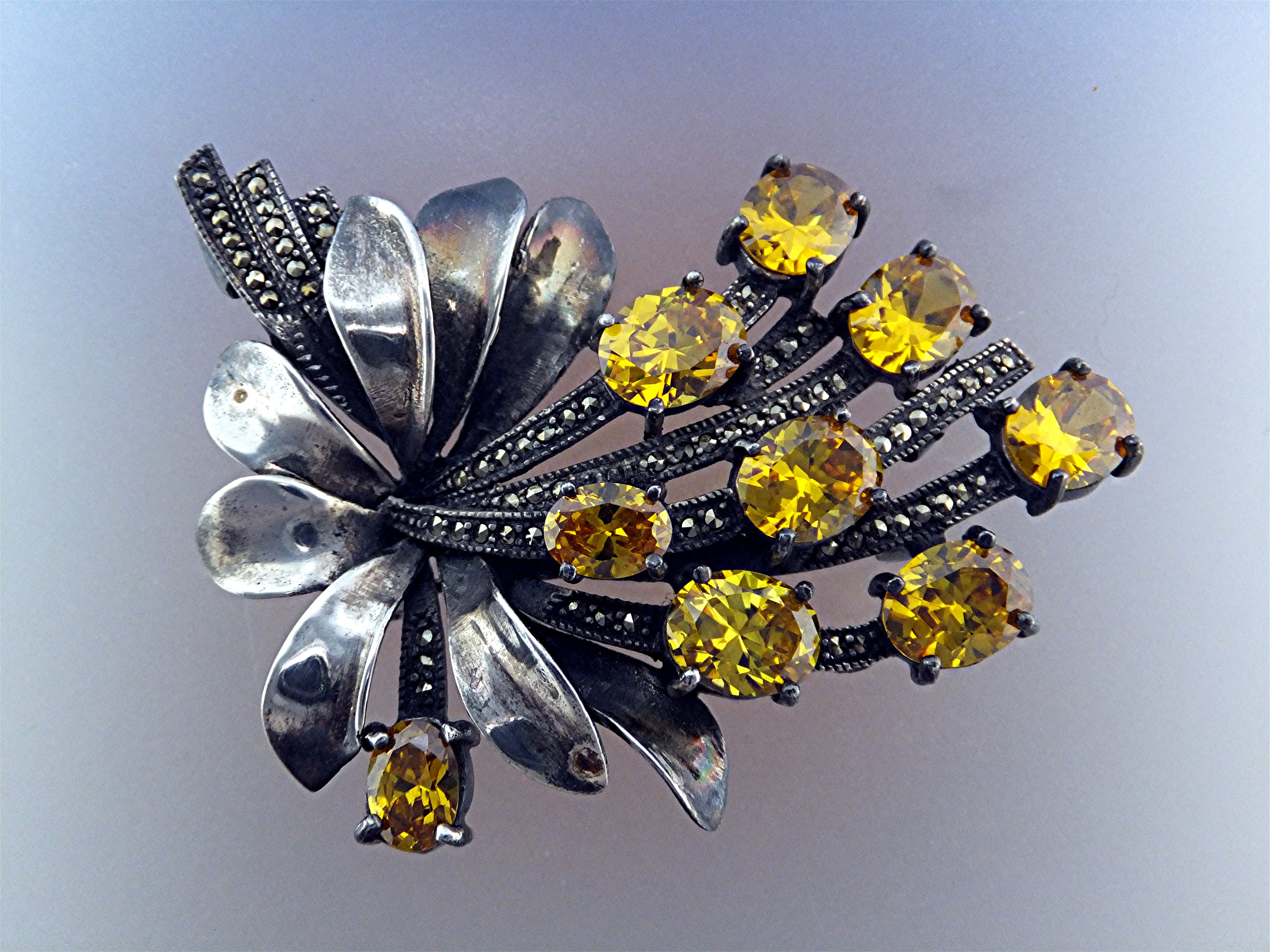 Old Golden Citrine Marquisite And Silver Pin