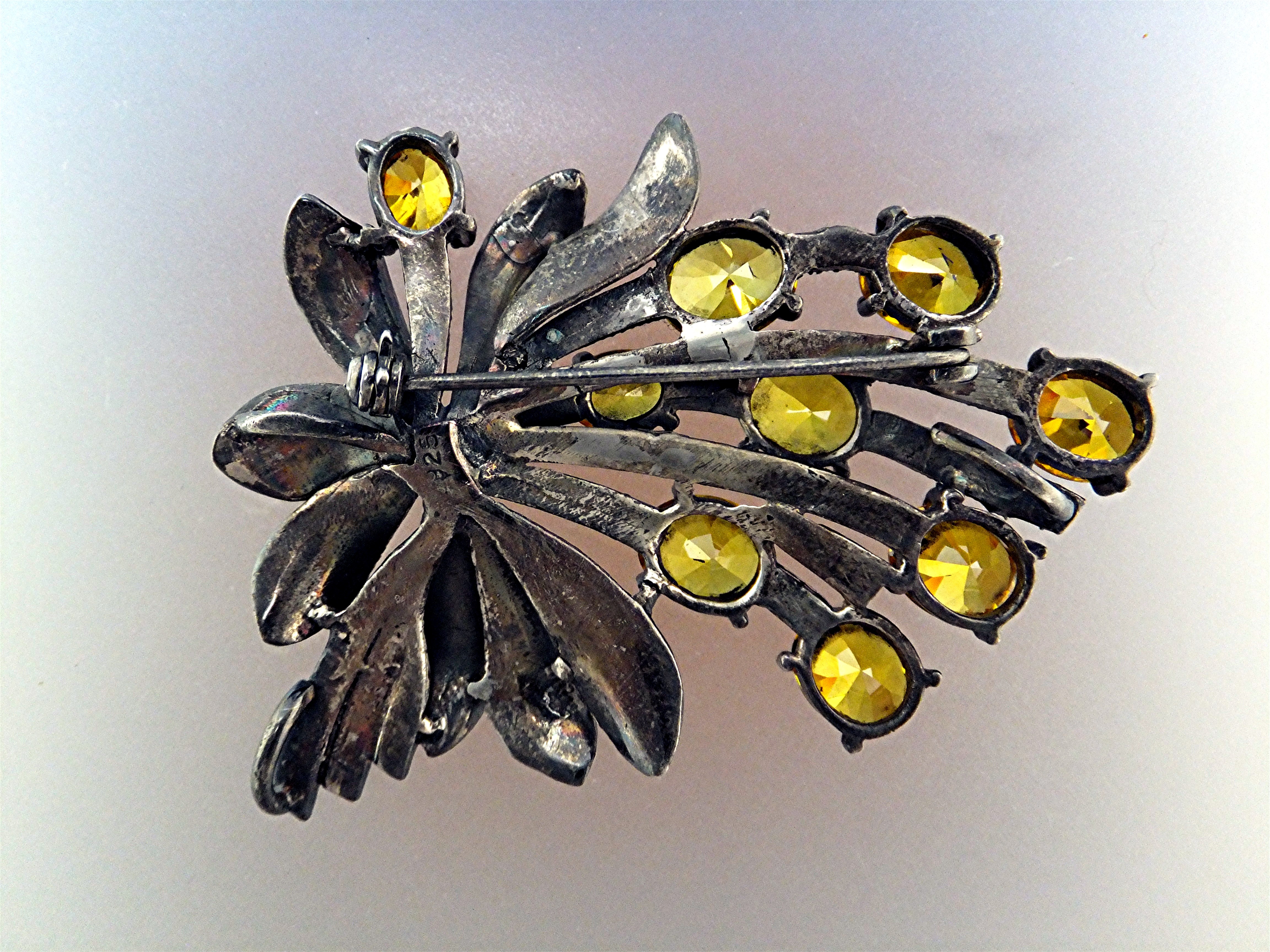 Old Golden Citrine Marquisite And Silver Pin