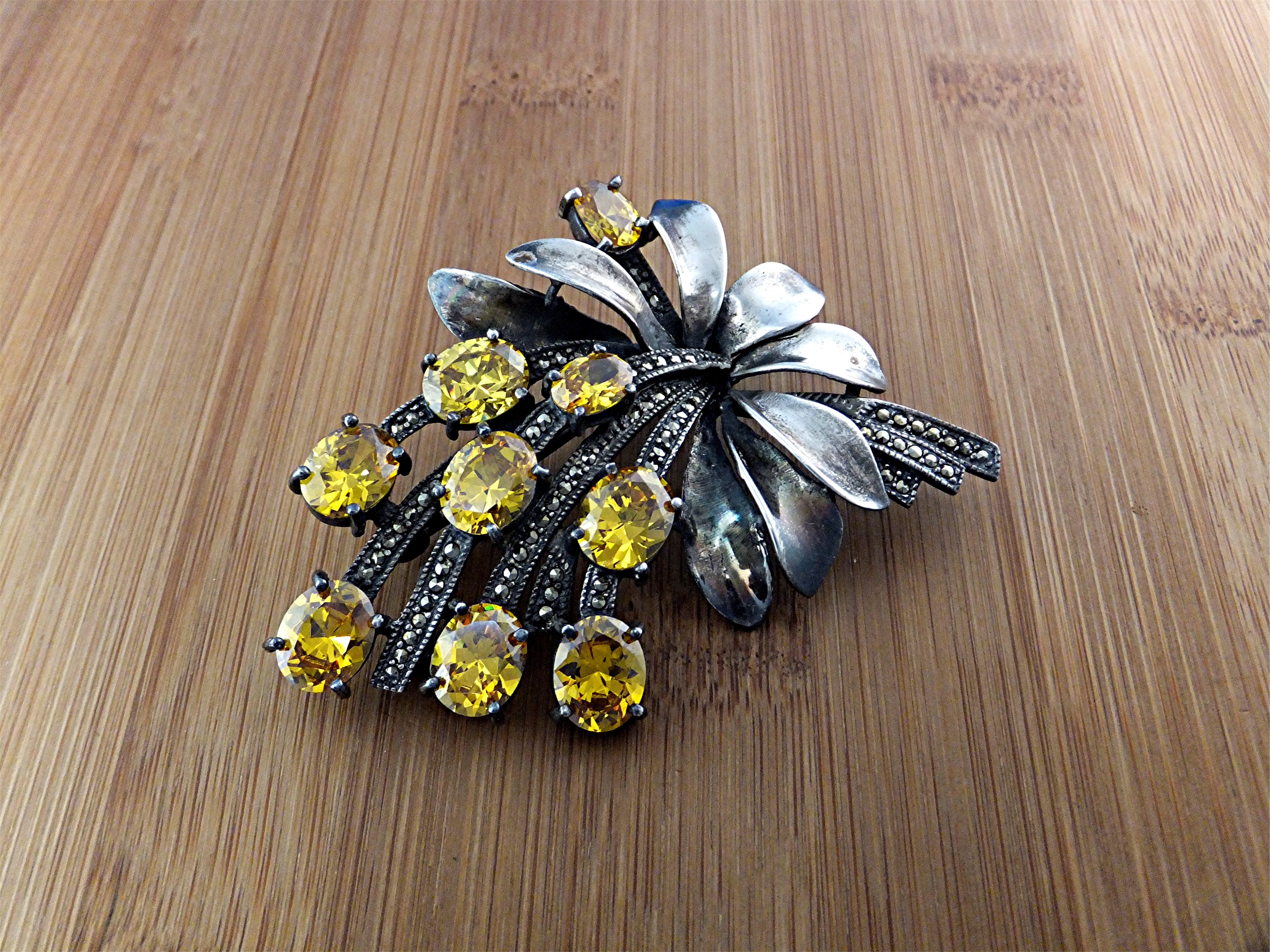 Old Golden Citrine Marquisite And Silver Pin