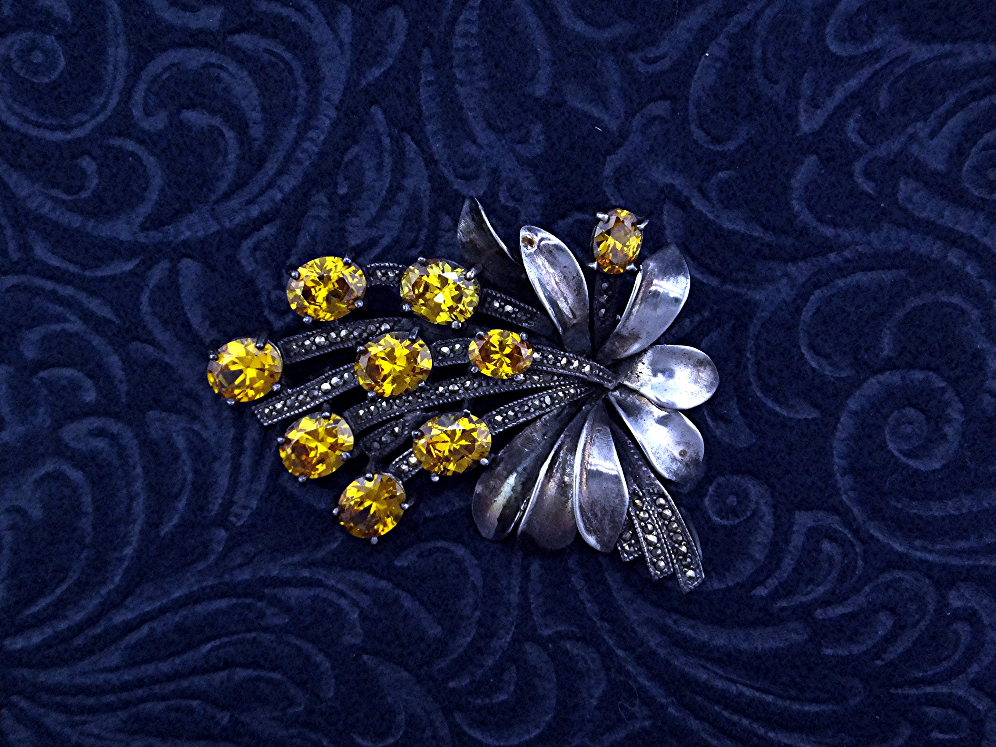 Old Golden Citrine Marquisite And Silver Pin