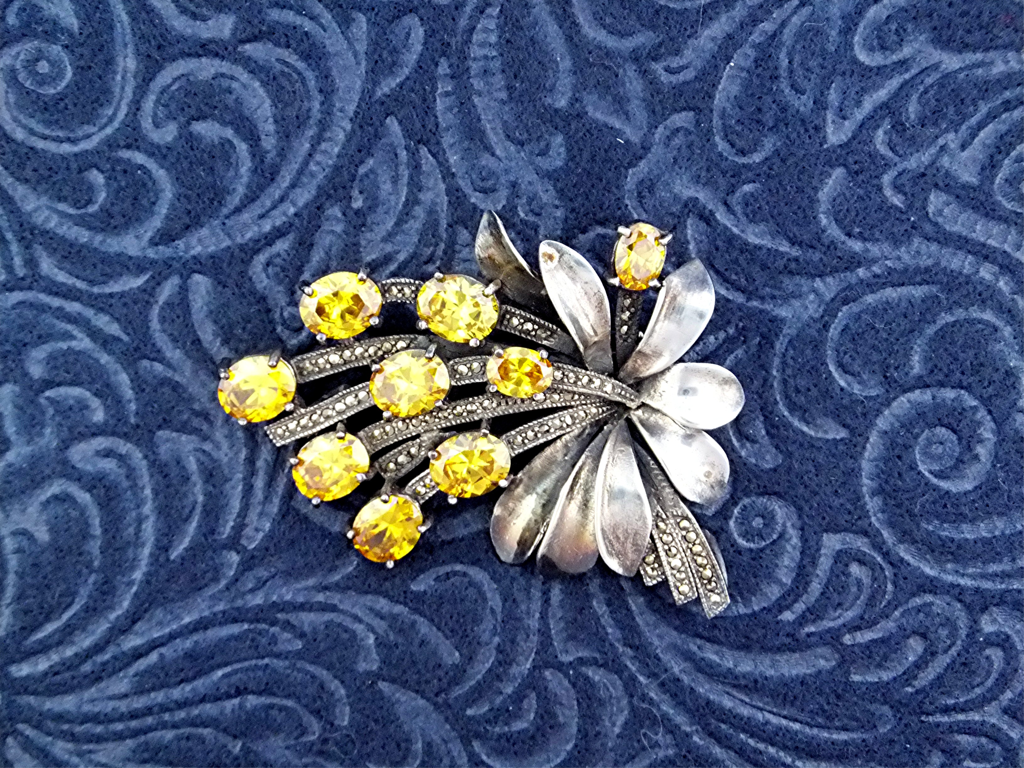 Old Golden Citrine Marquisite And Silver Pin