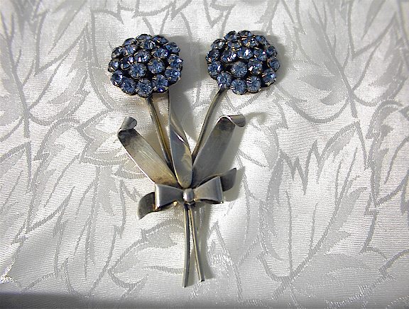 Sterling Silver & Aqua Rhinestone Brooch