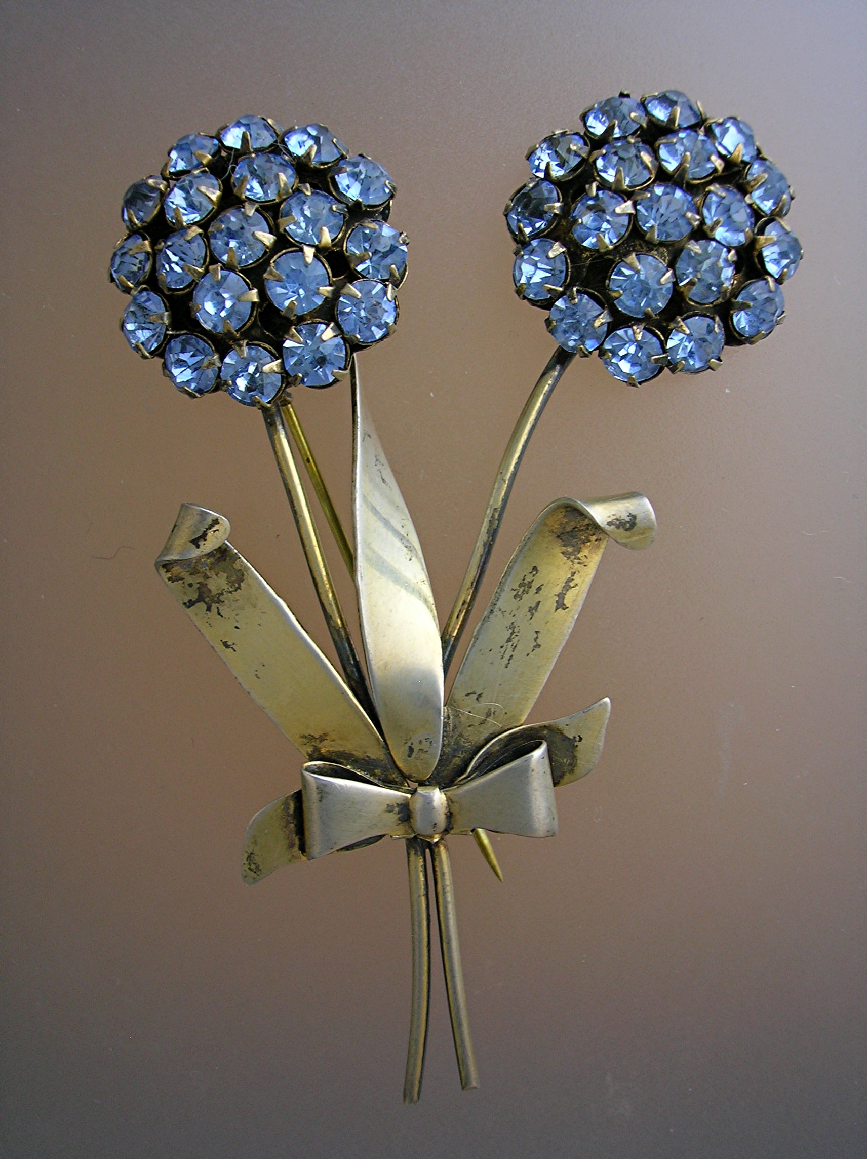 Sterling Silver & Aqua Rhinestone Brooch